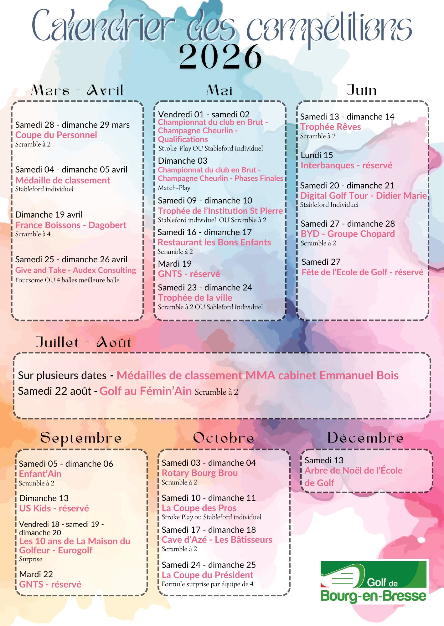 Calendrier des compétitions 2026